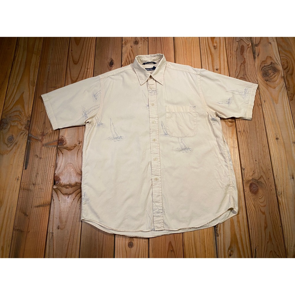 Nautica Mens Sailboat Print Short Sleeve Button Down Shirt Cream Blue XL